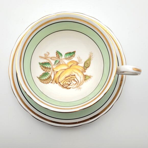 Vintage Victoria C & E Yellow Rose Mint Green Teacup & Saucer Set Bone China - Picture 2 of 9